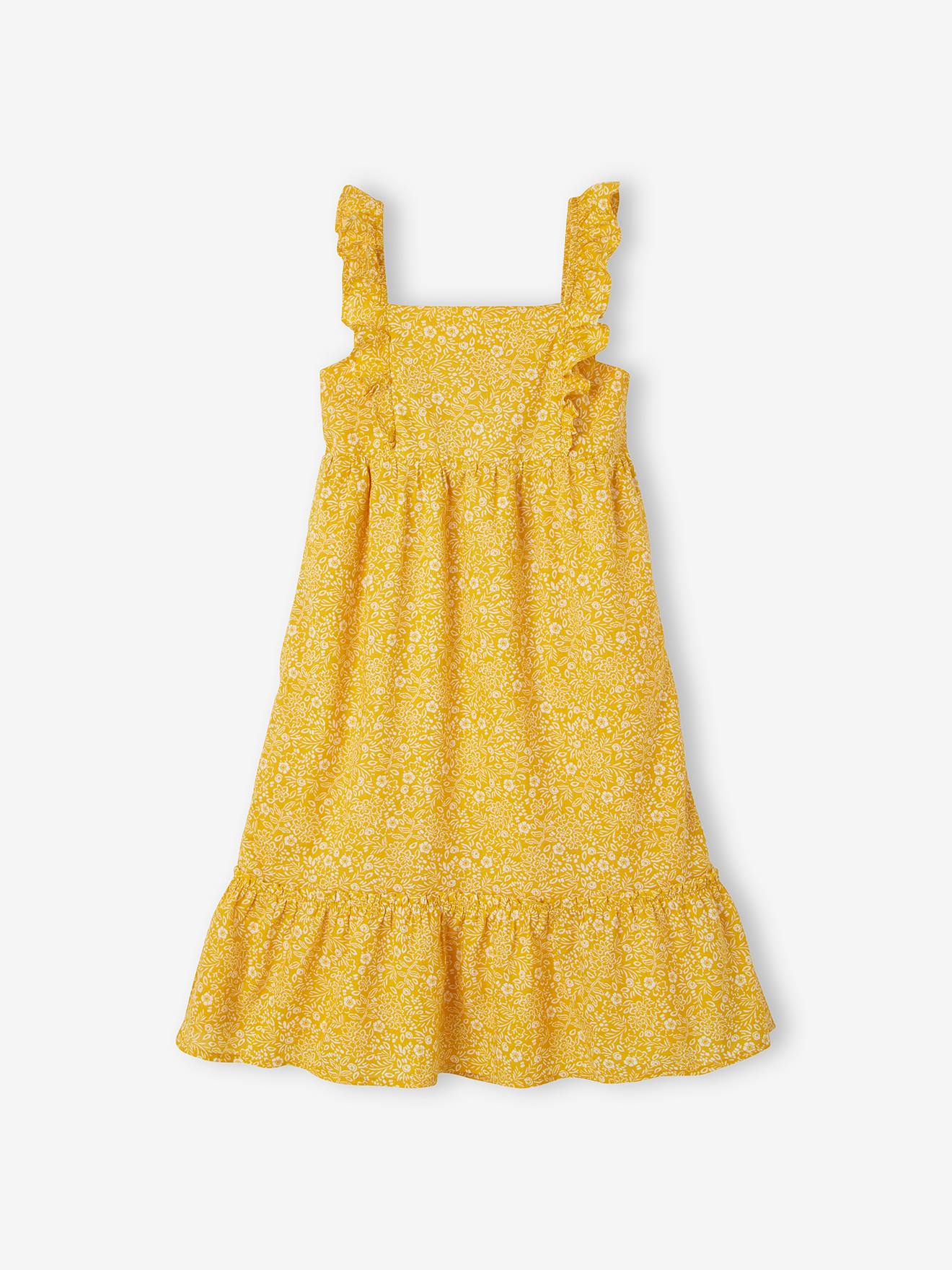 Vestido longo de alças finas com babados, para meninas, estampa amarelo escuro.