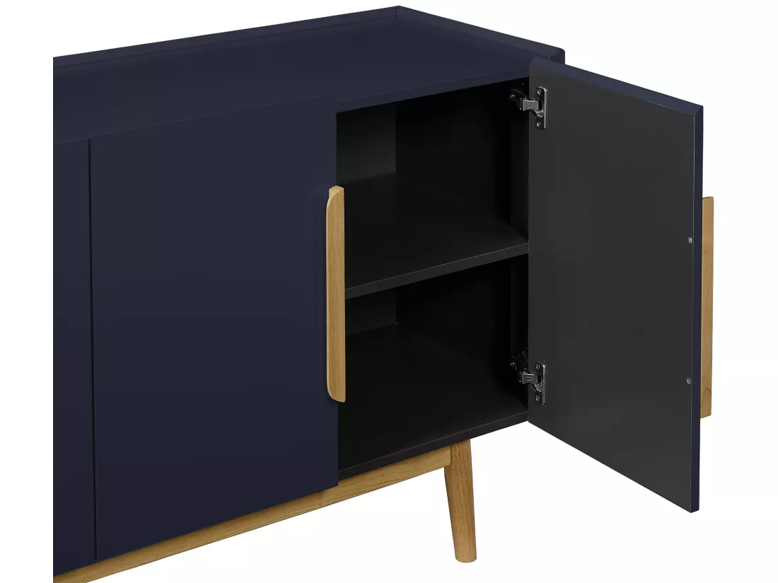 Buffet avec 4 portes en MDF et bois d'hévéa - Bleu et Naturel clair - DUNELON