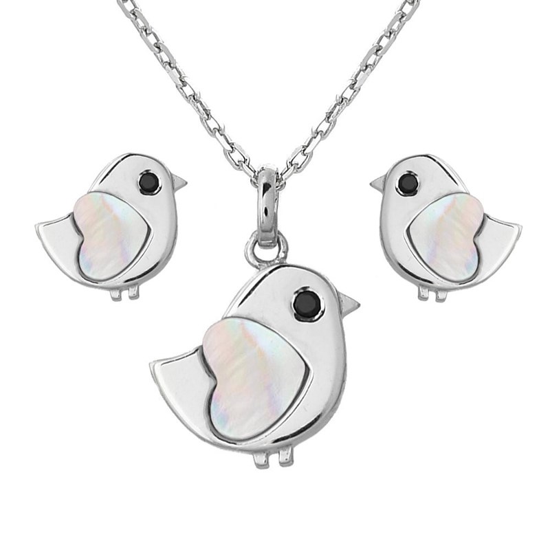 Parure oiseau coeur de nacre oeil oxyde de zirconium noir Argent 925 Rhodié
