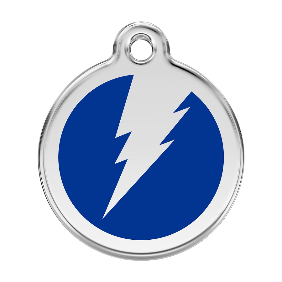 Placa de identificação para cães em aço inoxidável esmaltado azul com desenho de raio