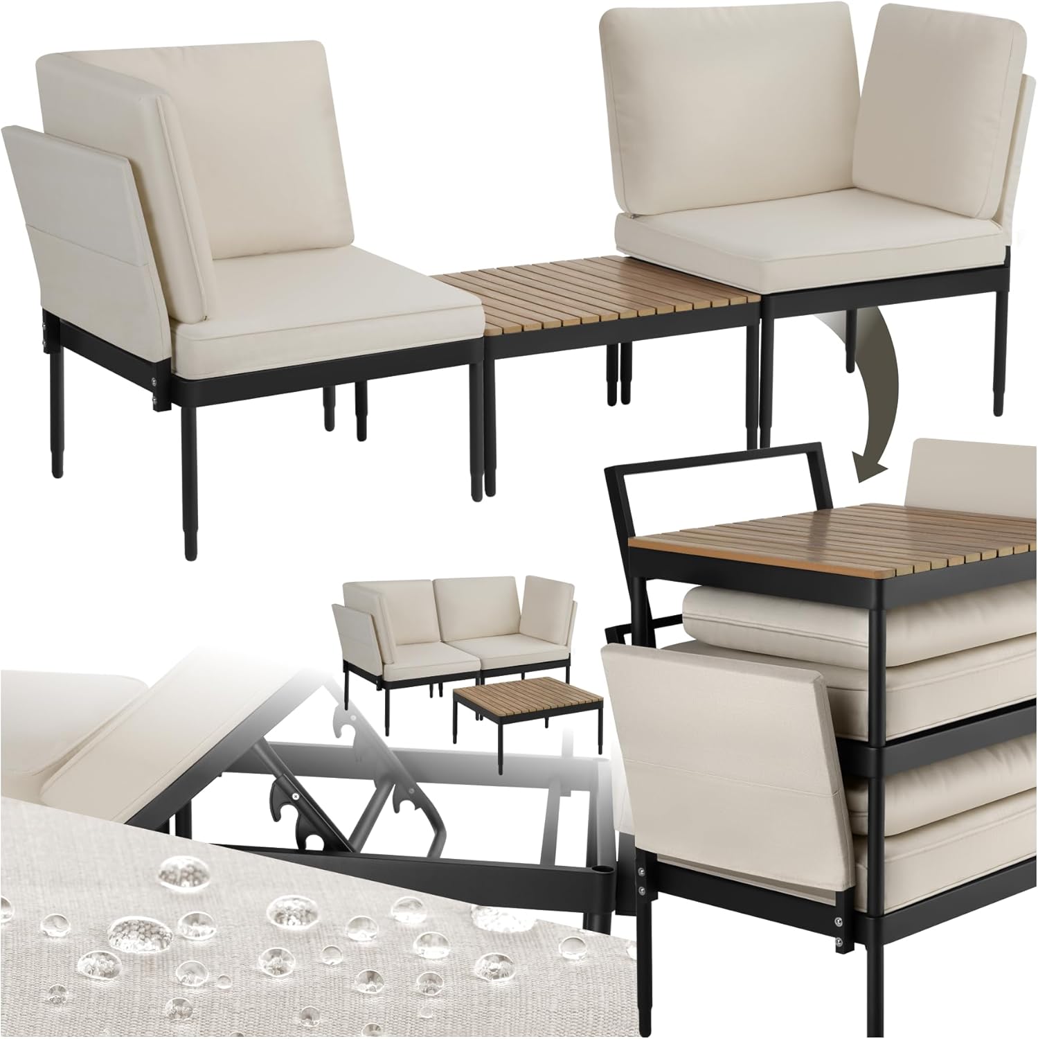 tectake® 5-in-1 Gartenlounge Set, Gartenmöbel mit Outdoor Kissen wetterfest, Lounge Sessel, Liege oder Gartenbank, Balkontisch, Balkonmöbel Kleiner Balkon, Lounge Möbel Outdoor, Terrasse, Holz Optik