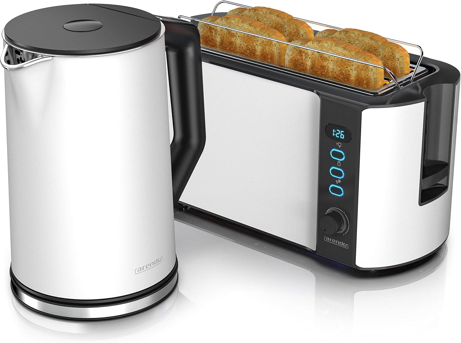 Arendo - Wasserkocher mit Toaster SET Edelstahl Weiß matt, Wasserkocher 1,5L 40° - 100° Warmhaltefunktion Toaster 4 Scheiben LED-Display 6 Bräunungsgrade Brötchaufsatz