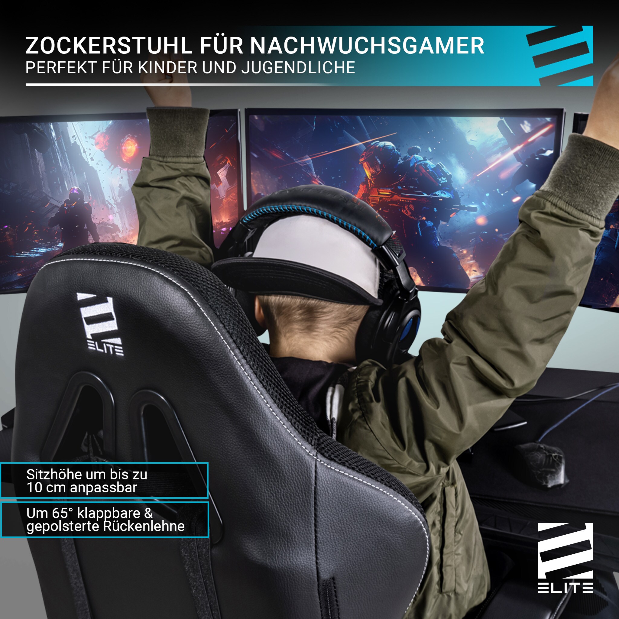 ELITE Gaming-Stuhl für Kinder PULSE, ergonomisch, bis 120kg, verstellbare Höhe, Wippmechanik, Kissen (Weiß/Pink)