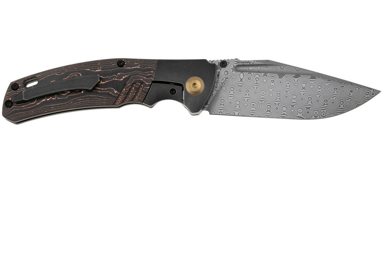 Kansept Hinterland K1057A3 Damascus, Blackwashed Titanium, Copper Carbon Fiber, zakmes, Morgan Koens design