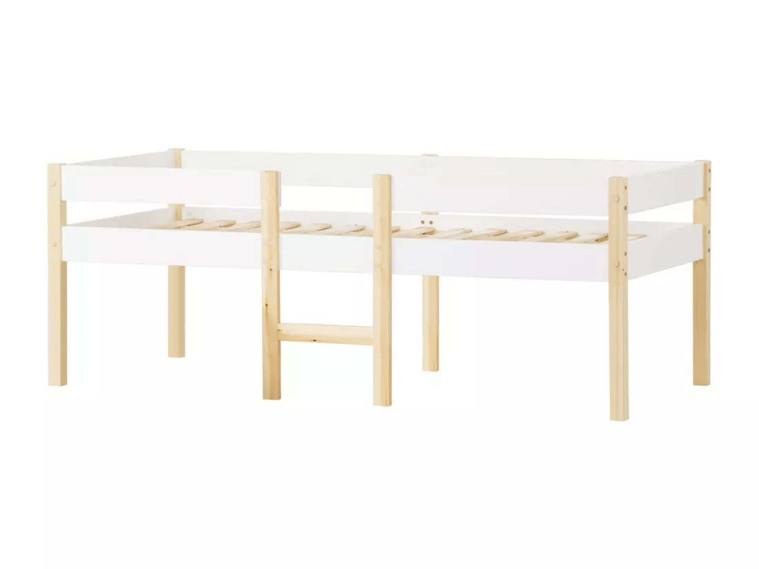 Lit mi-hauteur 90 x 200 cm avec escalier - Charge max. 120kg - Bois de pin massif - Blanc