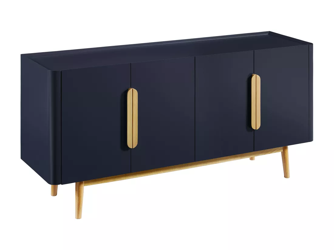Buffet avec 4 portes en MDF et bois d'hévéa - Bleu et Naturel clair - DUNELON