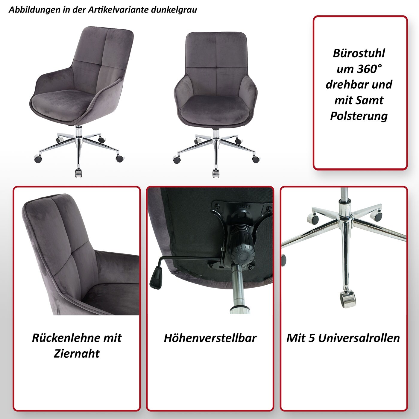 Bürostuhl MCW-J64, Drehstuhl Schreibtischstuhl Lehnstuhl, mit Armlehne höhenverstellbar Samt MVG ~ dunkelgrau