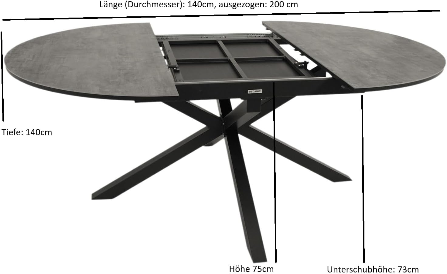 DEGAMO Gartentisch Ausziehtisch Lyon 140cm rund, ausziehbar auf 200cm, Aluminium anthrazit + ECP in Keramikoptik hellgrau, Outdoor