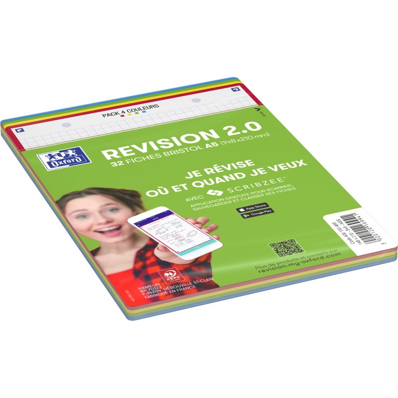 Fiche bristol 210 x 148 mm quadrillée 5 x 5 perforée couleurs assorties Oxford Révision 2.0 - Sachet de 32