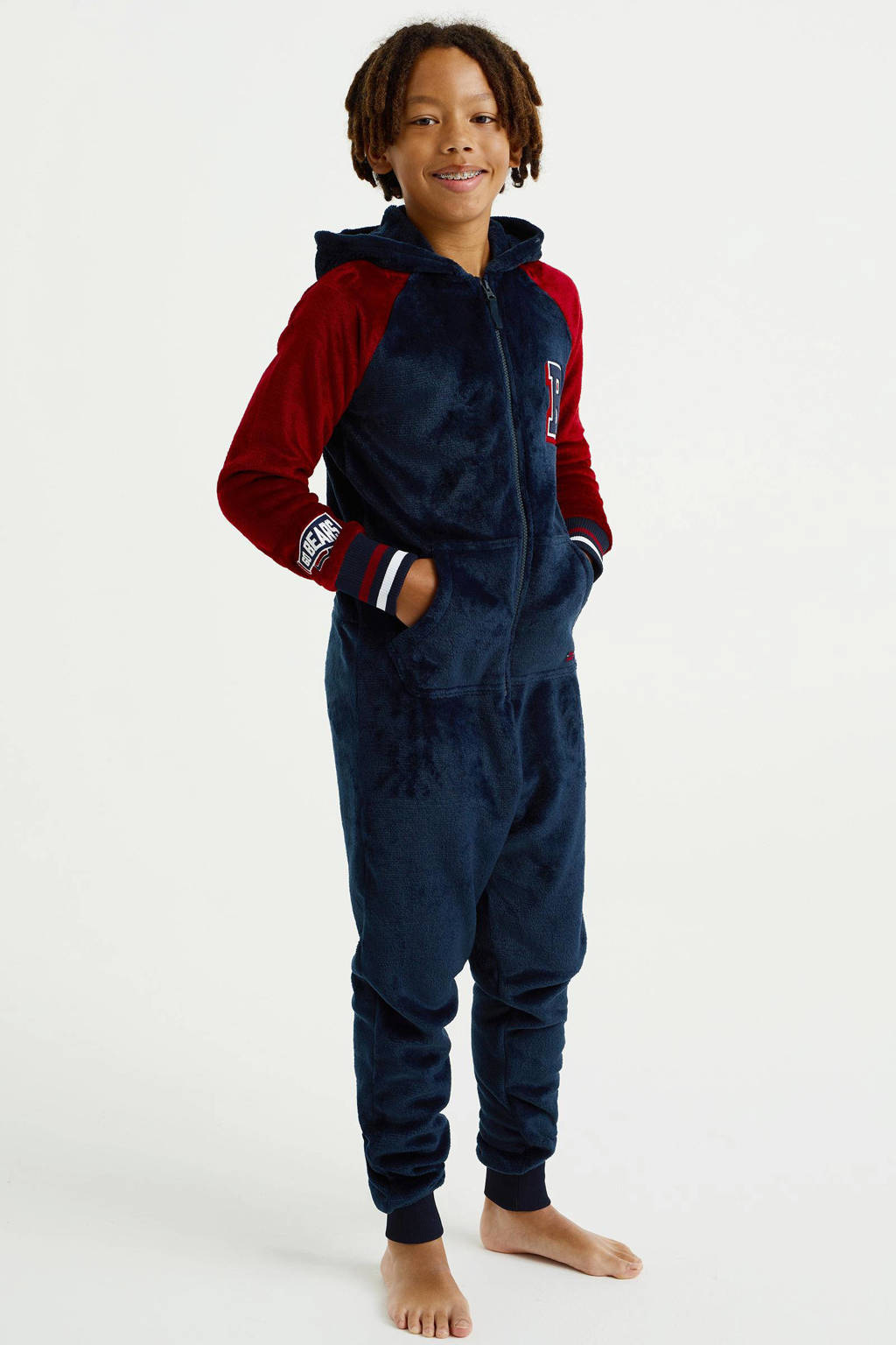 WE Fashion fleece onesie donkerblauw/rood