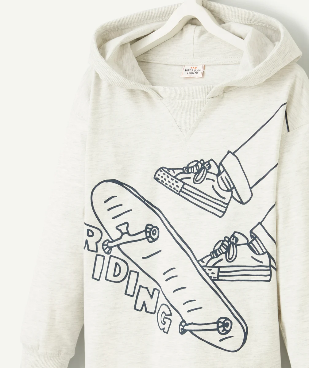 T-SHIRT À CAPUCHE GARÇON EN COTON BIO GRIS MOTIF SKATE ET MESSAGE