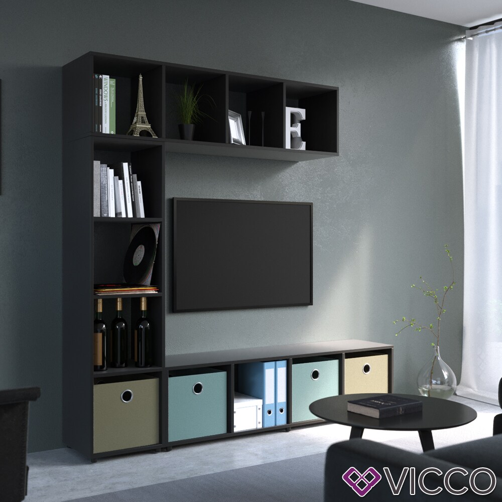 Vicco Raumteiler 4 Fächer Schwarz 144 x 36 cm - Standregal Hängeregal Regal TV Lowboard Sideboard