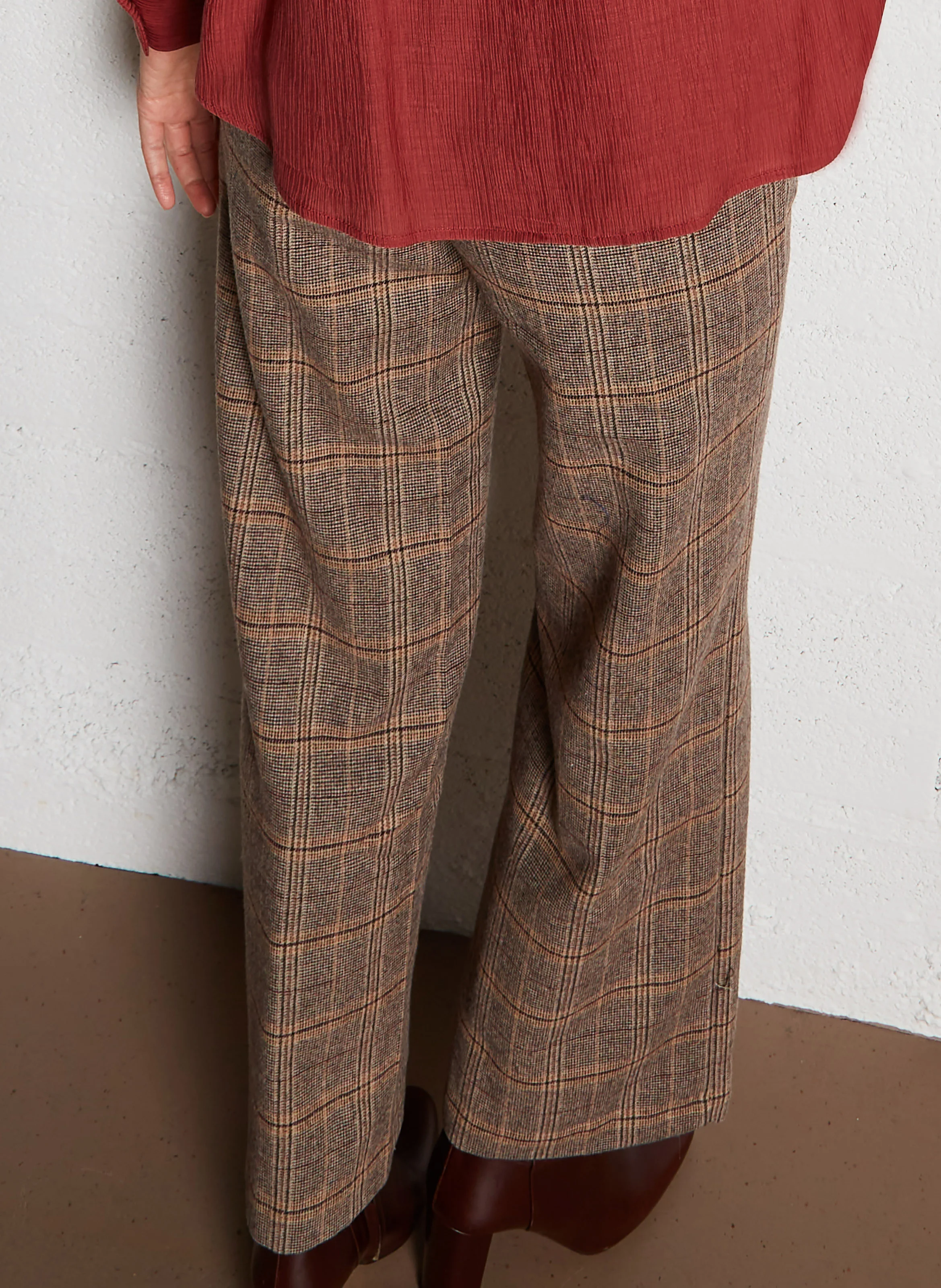 Pantalon large à carreaux| Marron