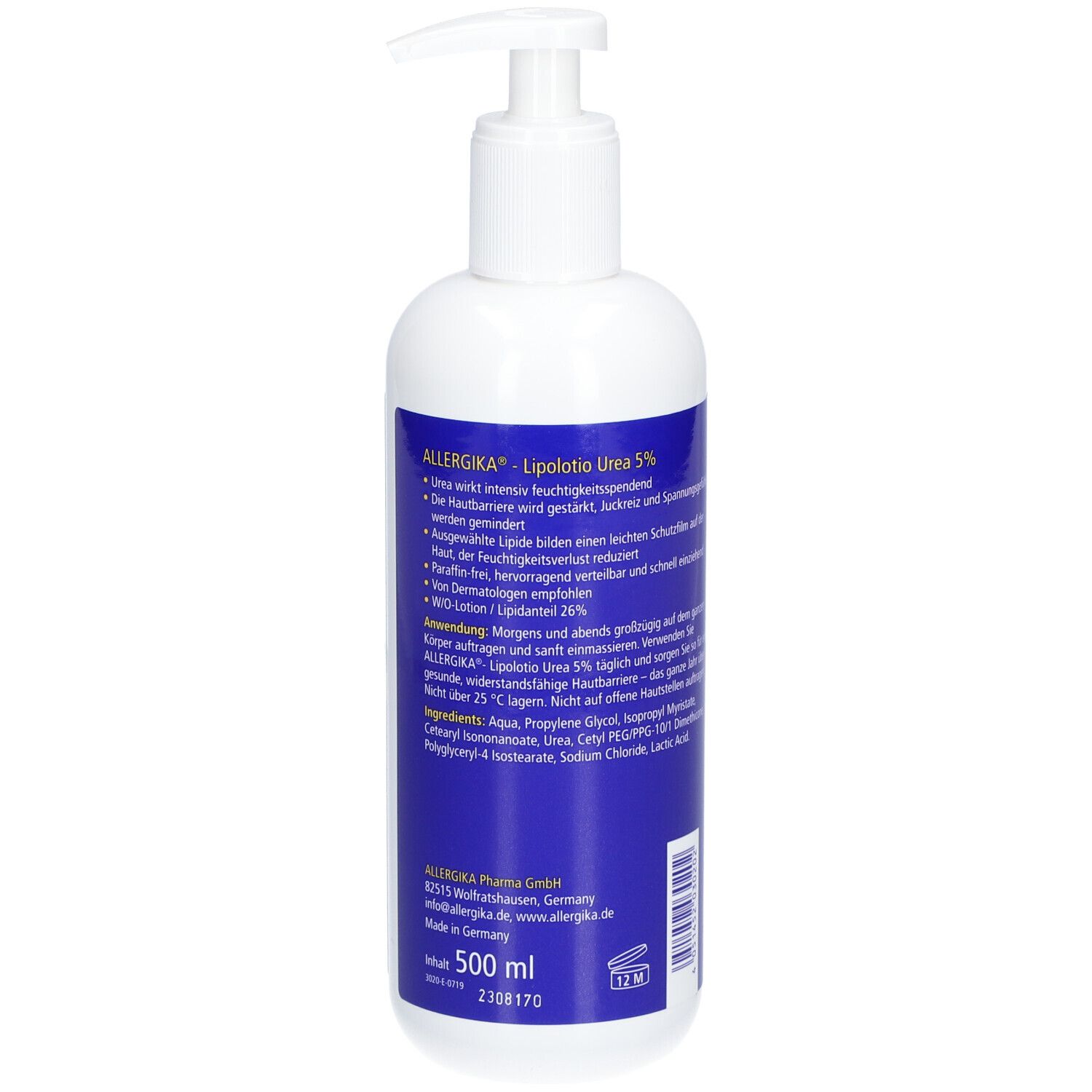 ALLERGIKA® Lipolotio Urea 5% - Dermatologische Urea-Körperlotion - feuchtigkeitsspendend, reichhaltig, geruchsneutral. Für trockene, raue Haut, ideal auch bei Diabetes. Stärkt die Hautbarriere.