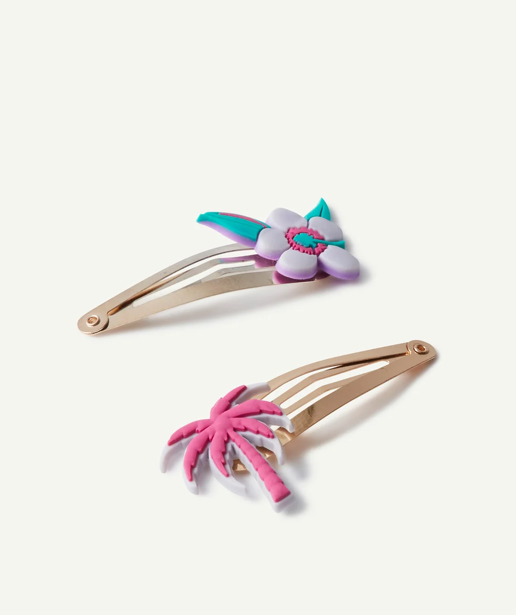 LOT DE 2 BARRETTES FILLE COULEUR DORÉE AVEC PATCHS PALMIER ET FLEUR
