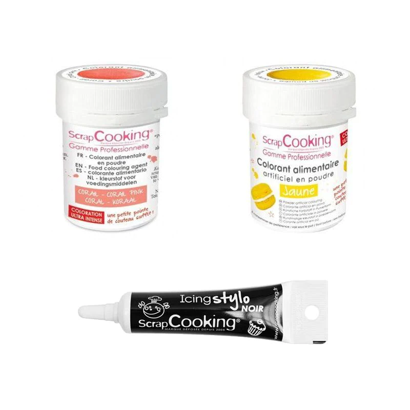 2 colorants alimentaires corail-jaune + Stylo glaçage noir Scrapcookin