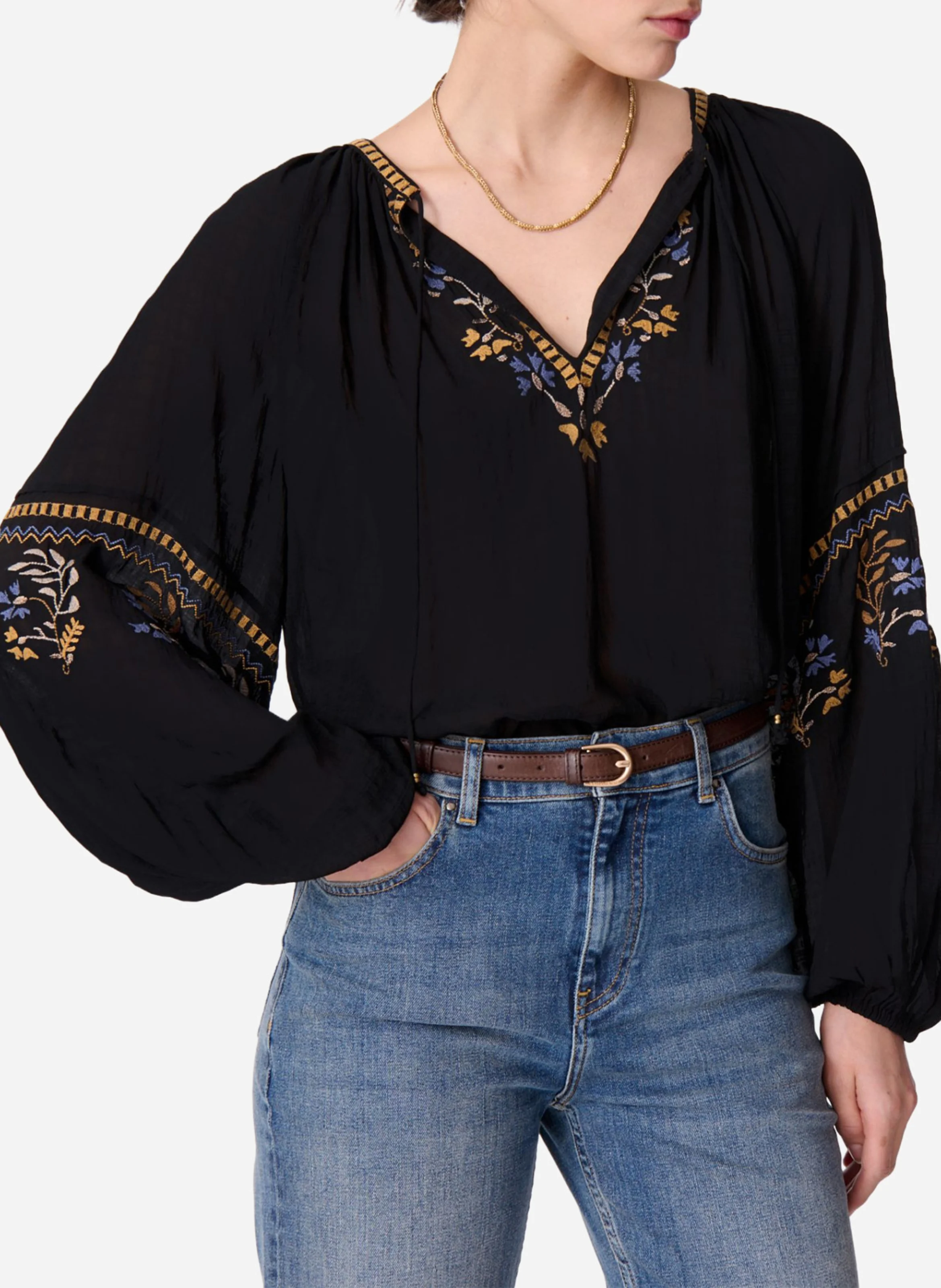 DYLAN - Blouse col tunisien brodée| Noir