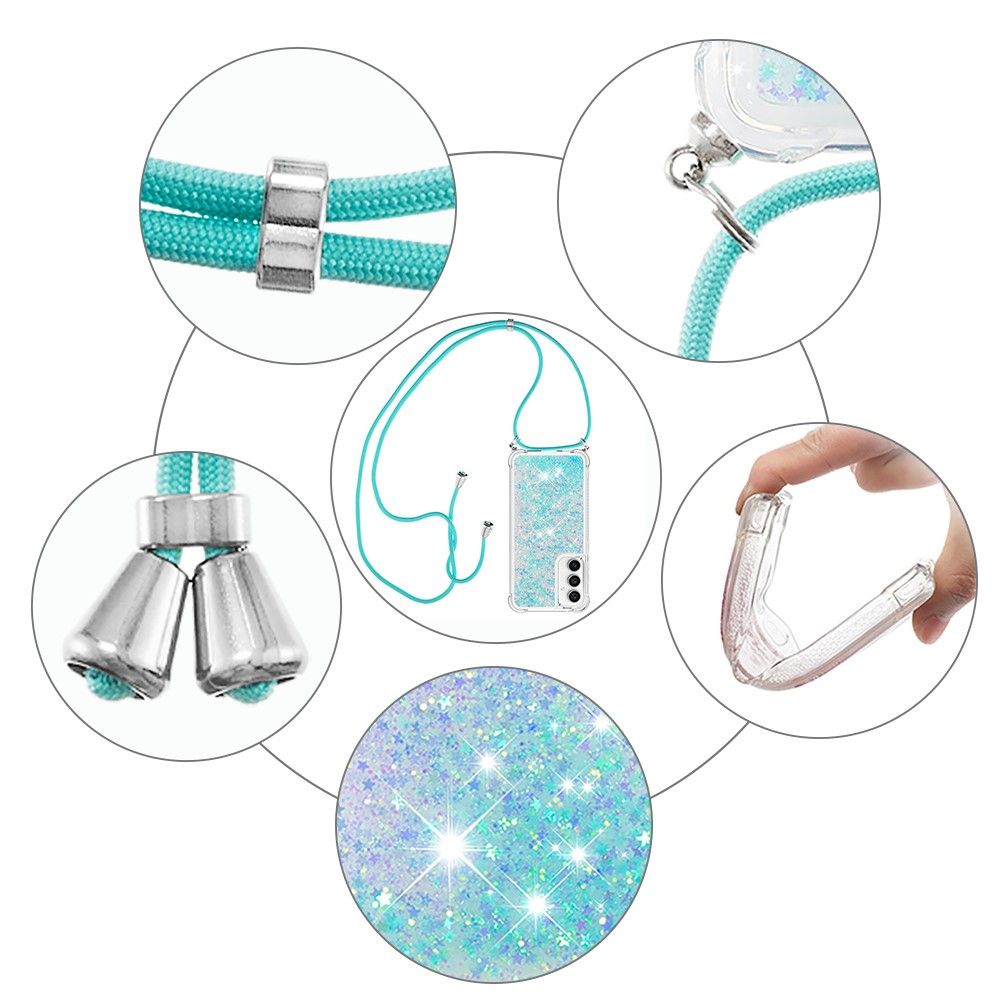 Samsung Galaxy S23 FE Necklace Gummi Hülle Liquid Glitzer   Handykette (130cm) - Hellblau / Silber