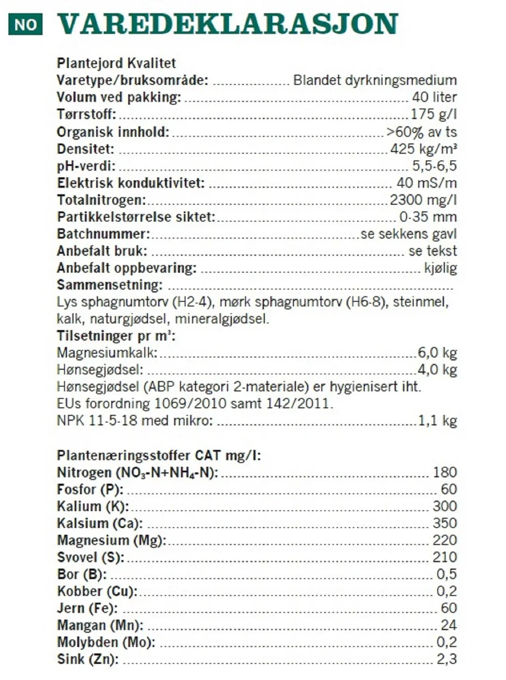 Plantejord Kvalitet 40 L