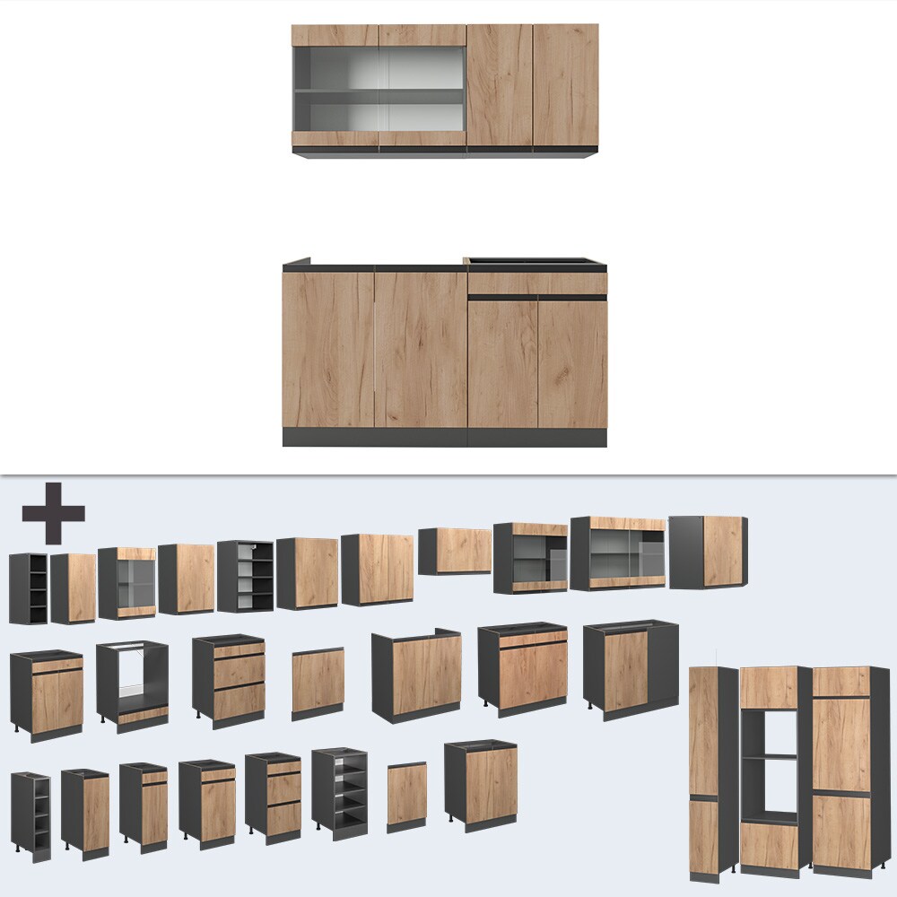 Vicco Küchenzeile Küchenblock Einbauküche R-Line J-Shape Anthrazit Eiche 140 cm modern Küchenschränke Küchenmöbel