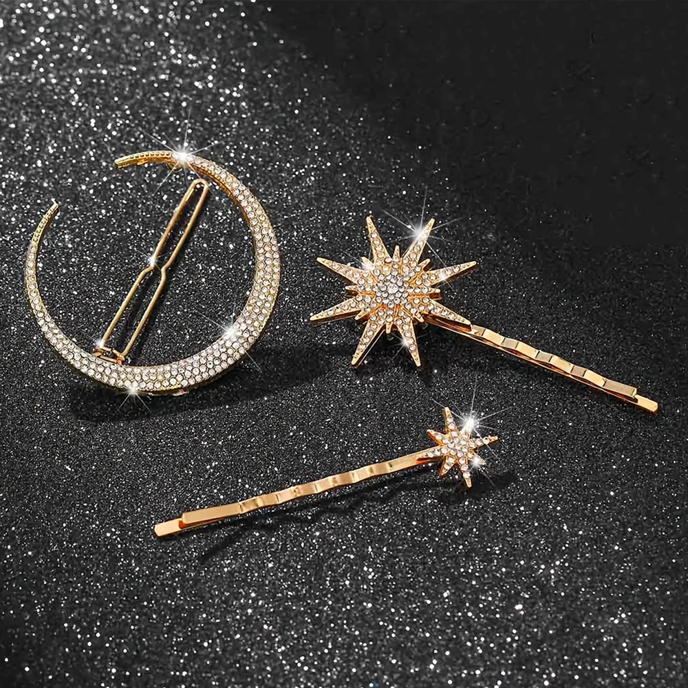 (3-tlg. Set) Haarspangen Metall Klammern Clips Haarschmuck Mond   Sterne - Gold