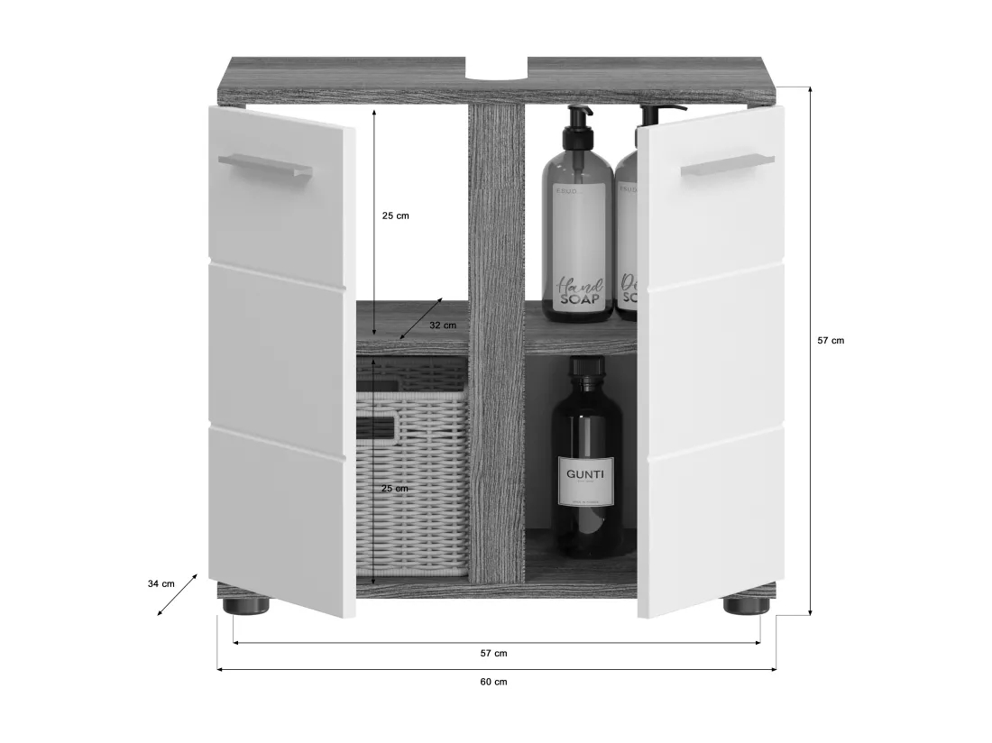 Kaleb - Meuble sous-lavabo en mélaminé blanc et argenté (L/H/P : 60x57x34 cm)