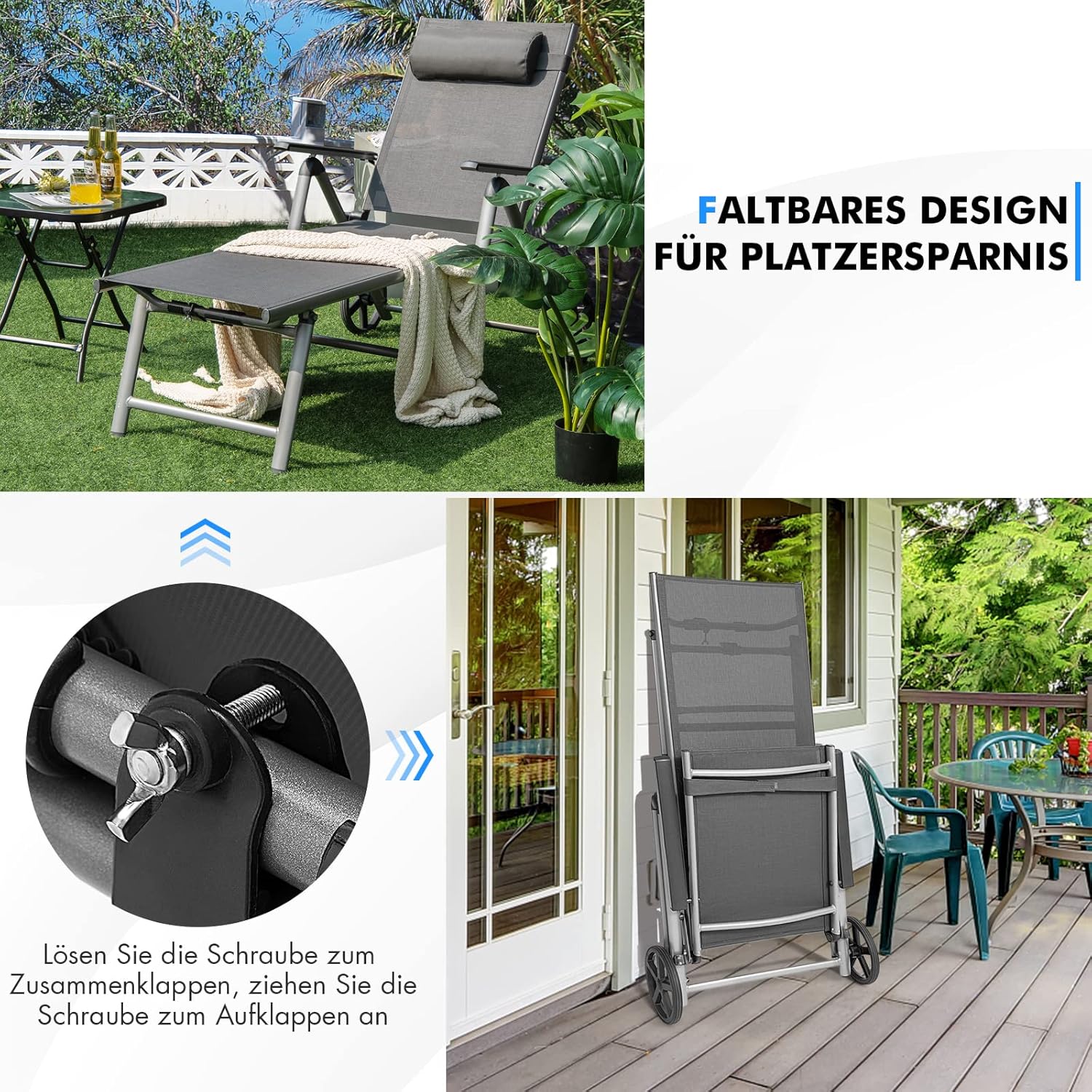 COSTWAY Sonnenliege Aluminium mit Rollen, klappbare Gartenliege mit hoher Sitzhöhe, Verstellbarer Rückenlehne und abnehmbarem Kopfkissen, Liegestuhl, Klappliege für Garten, Balkon, Terrasse