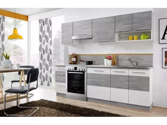 Cuisine LAX finition BETON et blanc mat 7 éléments 240 cm