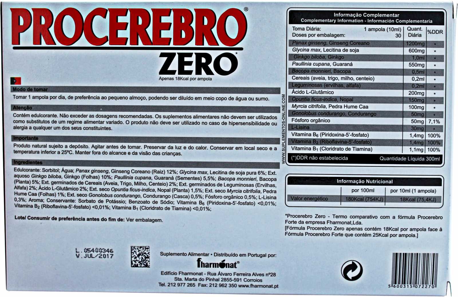 Pharmonat Procerebro Zero 30 Frascos