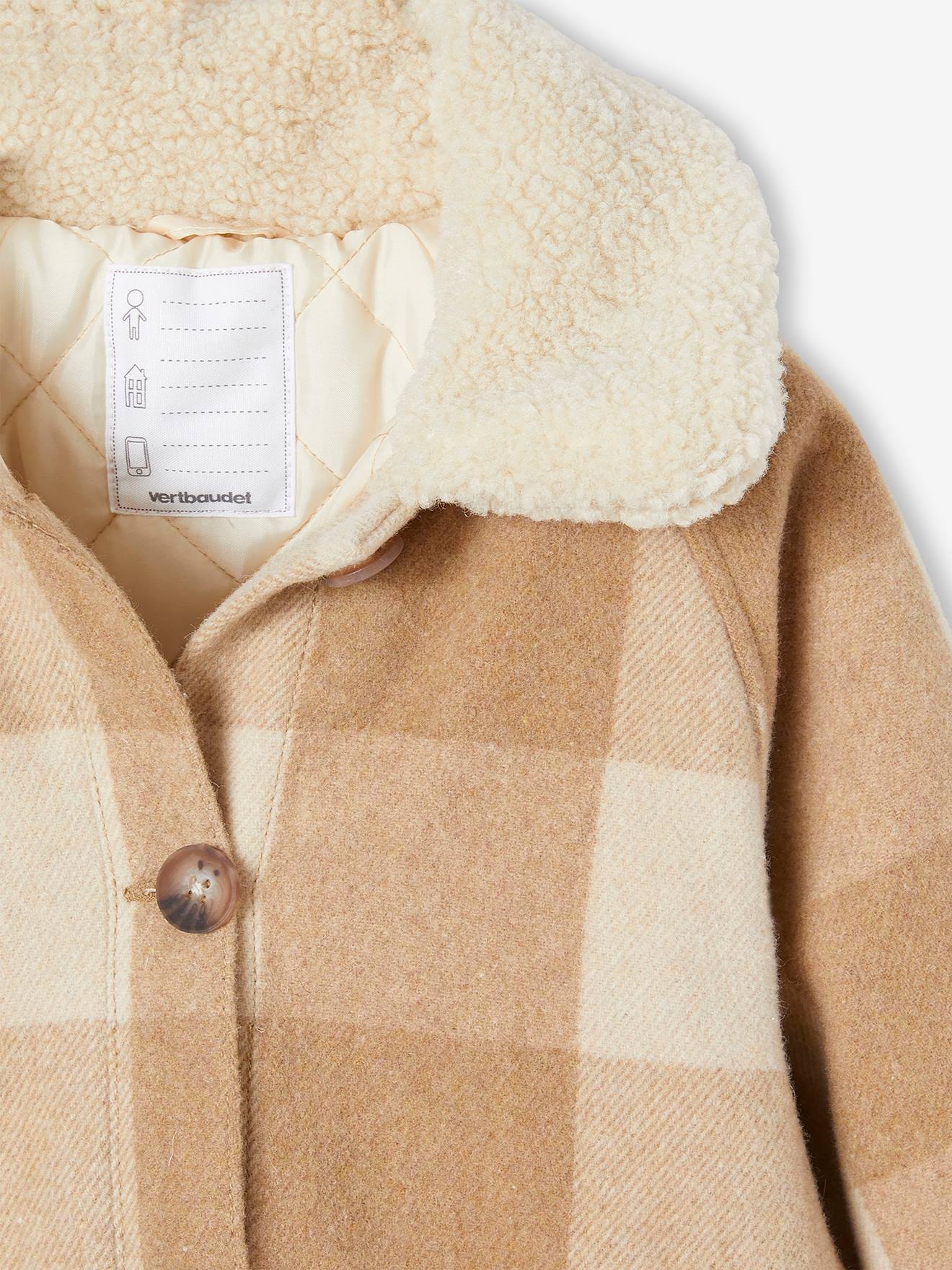 Casaco xadrez de lã para meninas, estilo sobrecamisa, xadrez marrom.