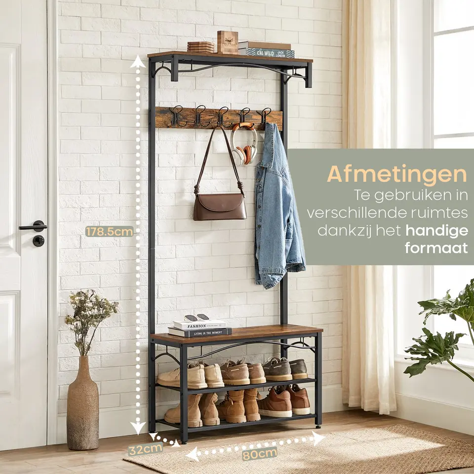 O’DADDY Kapstok met Schoenenrek – 15 Haken – 2-Laags – 80x32x178,5 cm