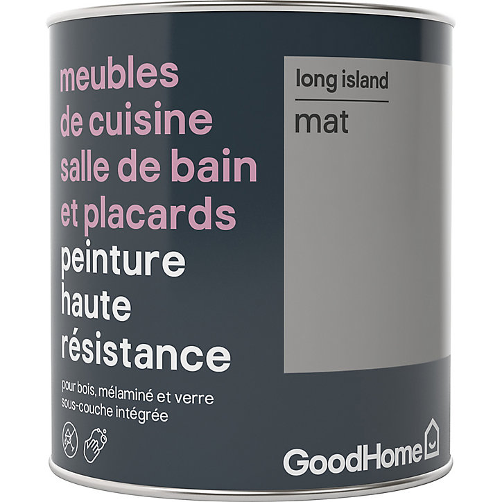 Peinture haute résistance meubles de cuisine salle de bain et placards GoodHome gris Long Island mat 0,75L