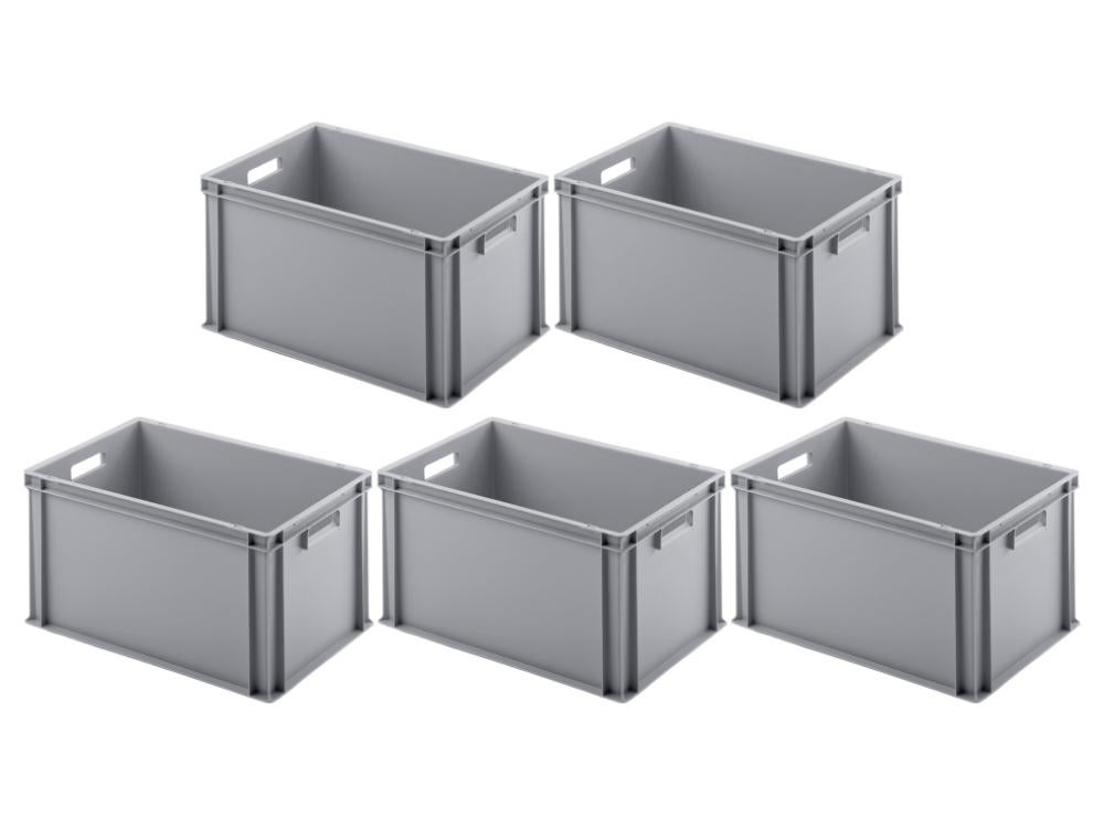 PROREGAL Voordeelset 5x Eurobakken met open handvat HxBxD 32 x 40 x 60 cm 56 liter Grijze Eurobox Transportbox