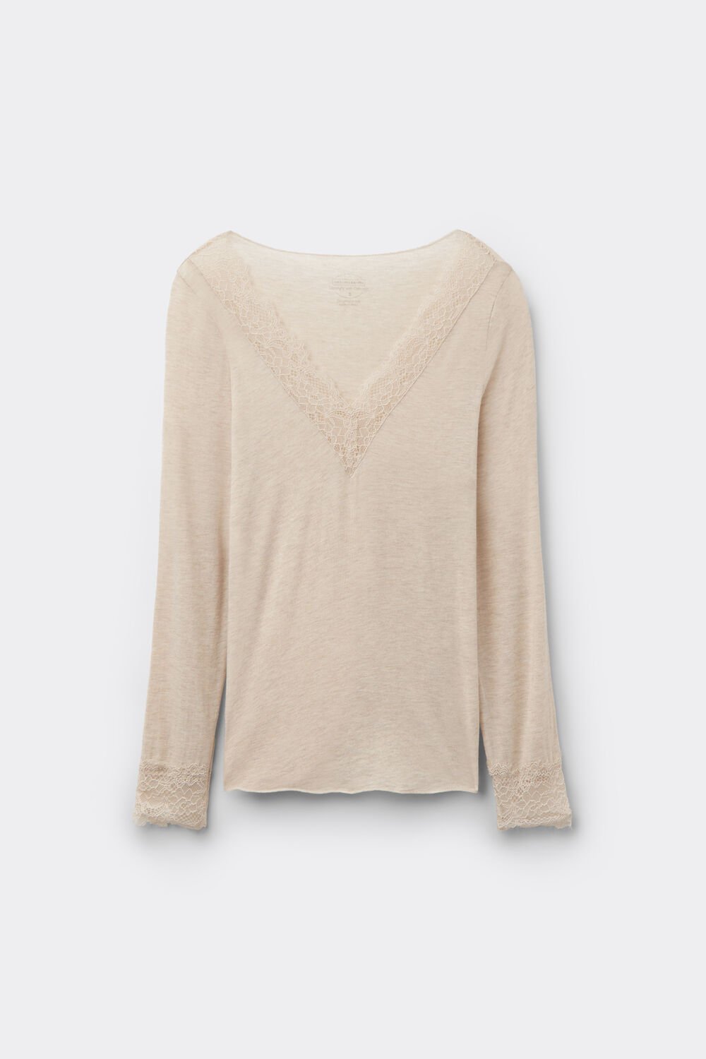 Camisa de manga comprida ultraleve em cashmere com detalhes em renda.