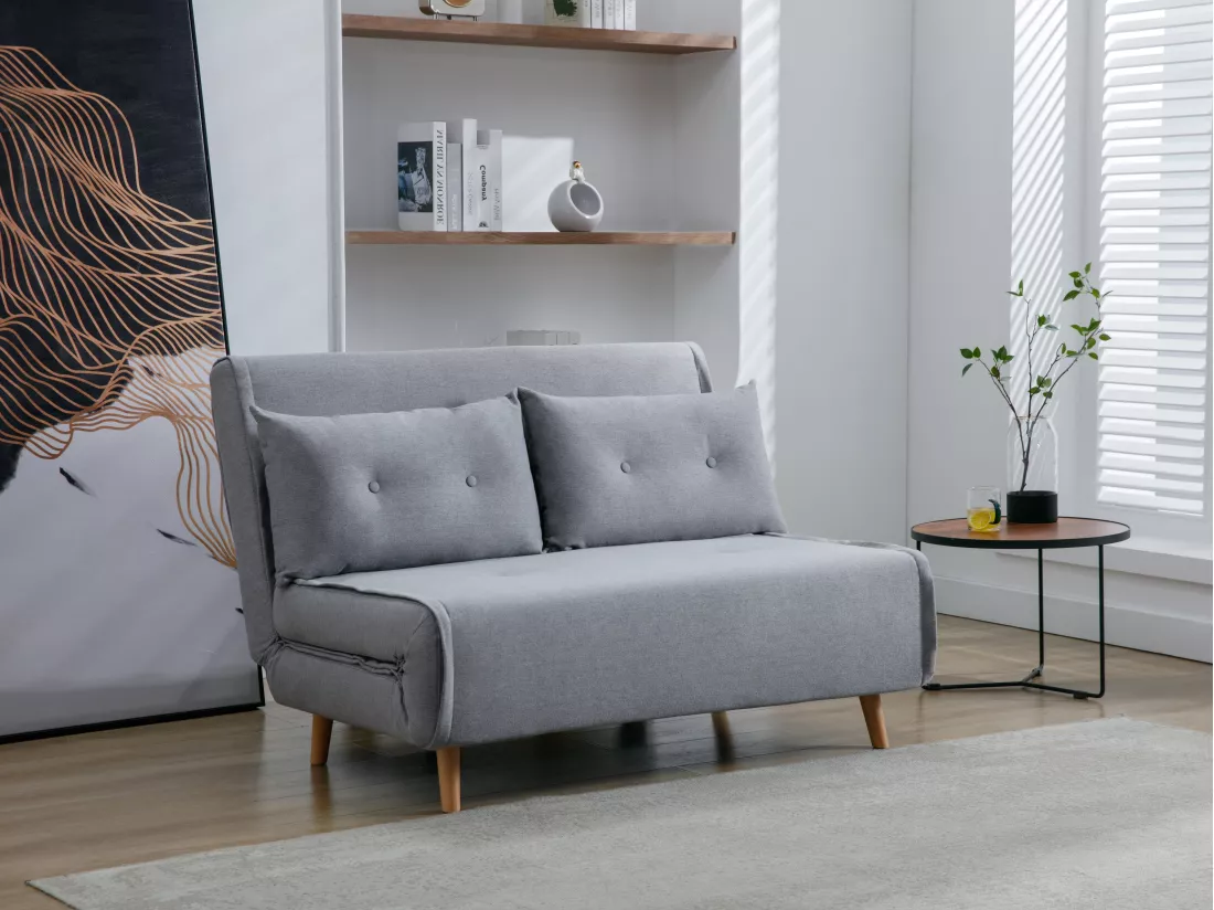 Canapé 2 places convertible en tissu gris clair URIBIA
