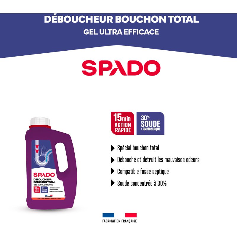 Déboucheur gel spécial bouchon total Spado - Flacon de 1L