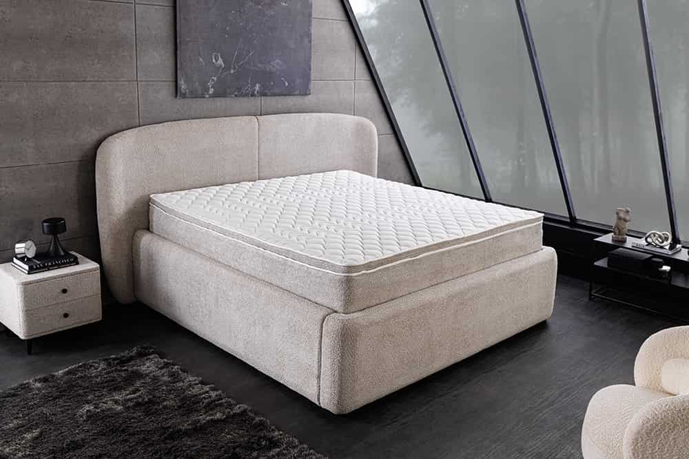 Modernes Boxbett ART DECO 180x200cm greige Bouclé mit Stauraum Matratze und Topper