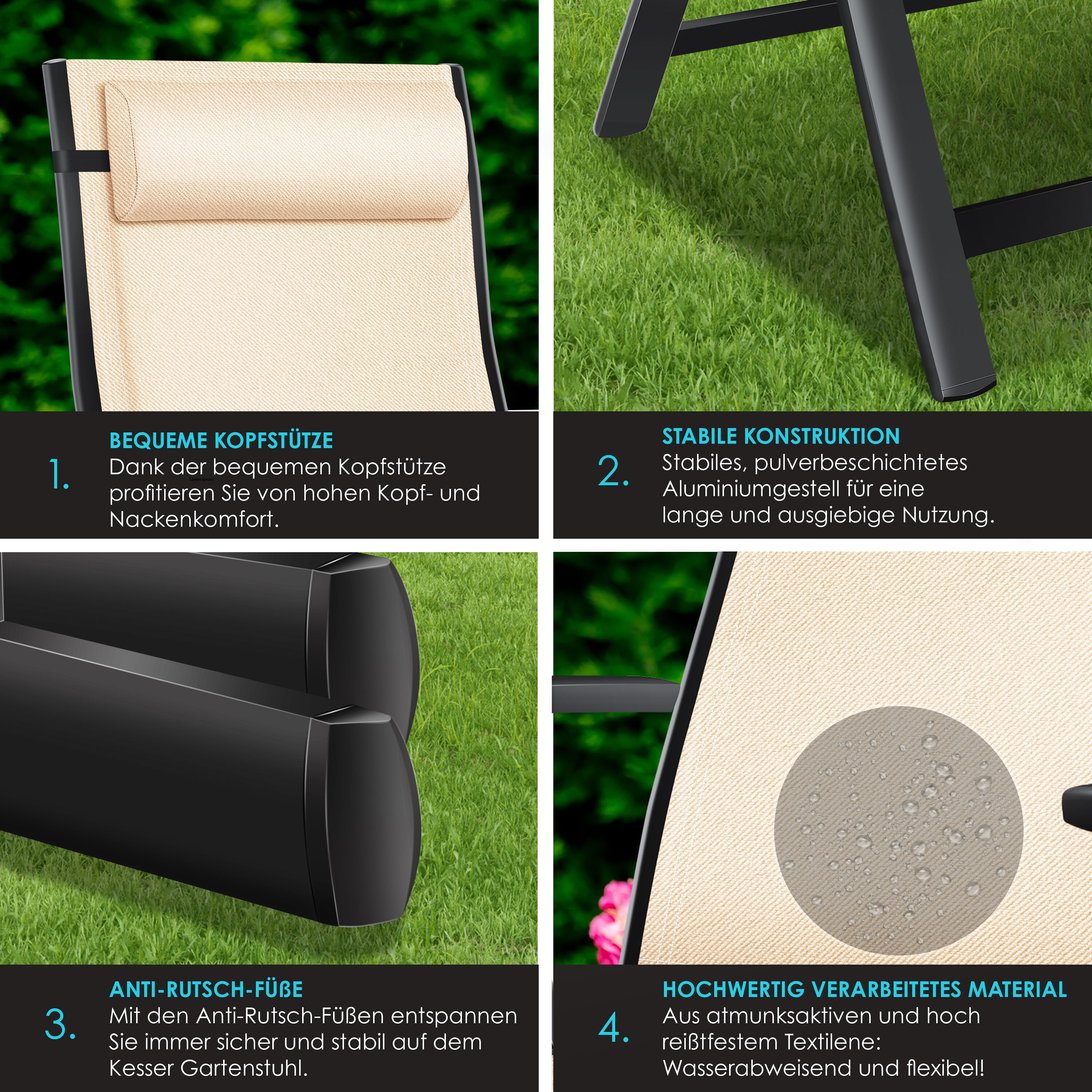KESSER® Gartenstuhl Hochlehner mit Armlehnen | Aluminium Klappstuhl inkl. Kopfkissen Campingstuhl 7-Fach Verstellbar Rückenlehne | Atmungsaktiv & Wetterfest | Klappbar & Anti-Rutsch