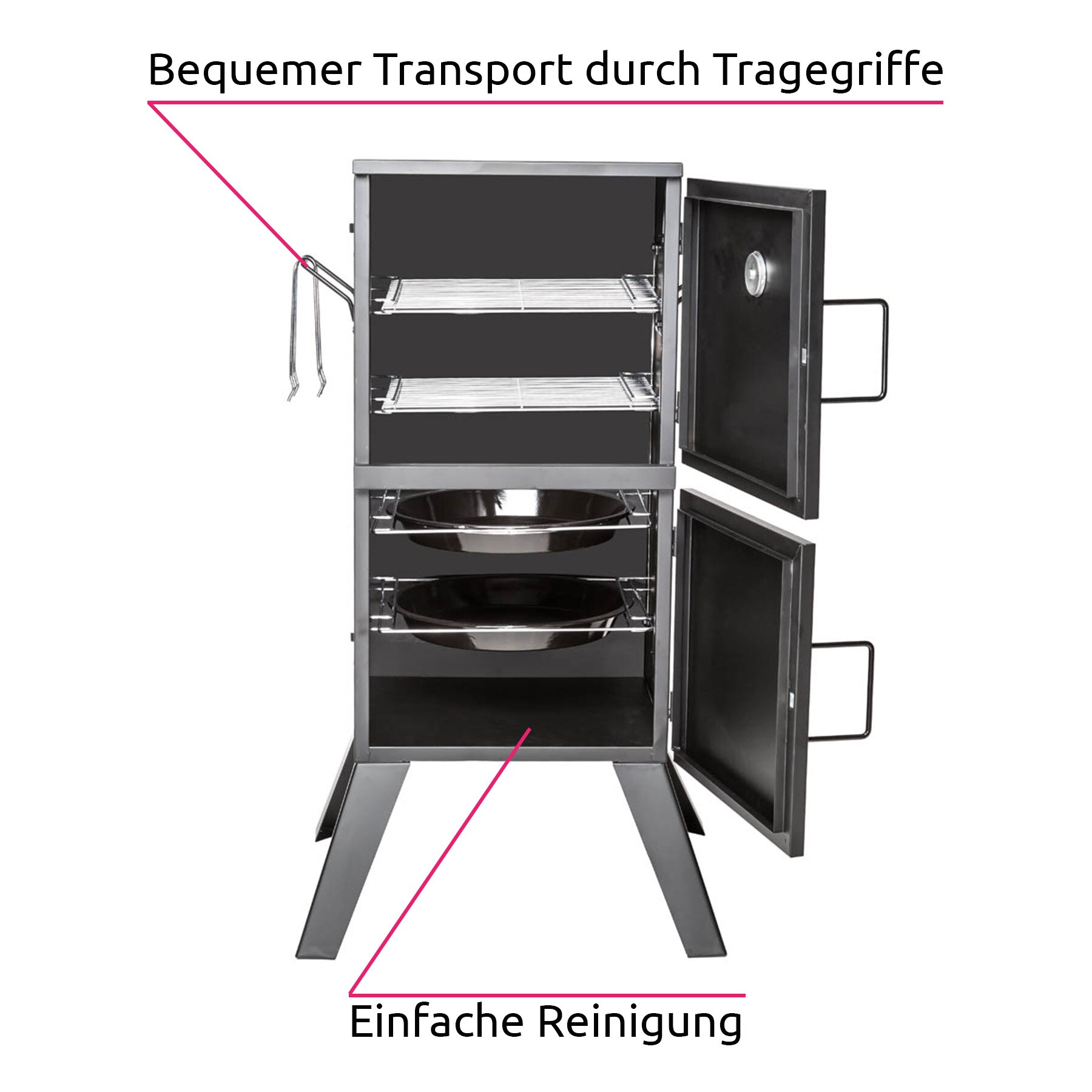 tectake® Räucherofen, mit Temperaturanzeige, seitliche Tragegriffe, 54 x 50,5 x 100 cm