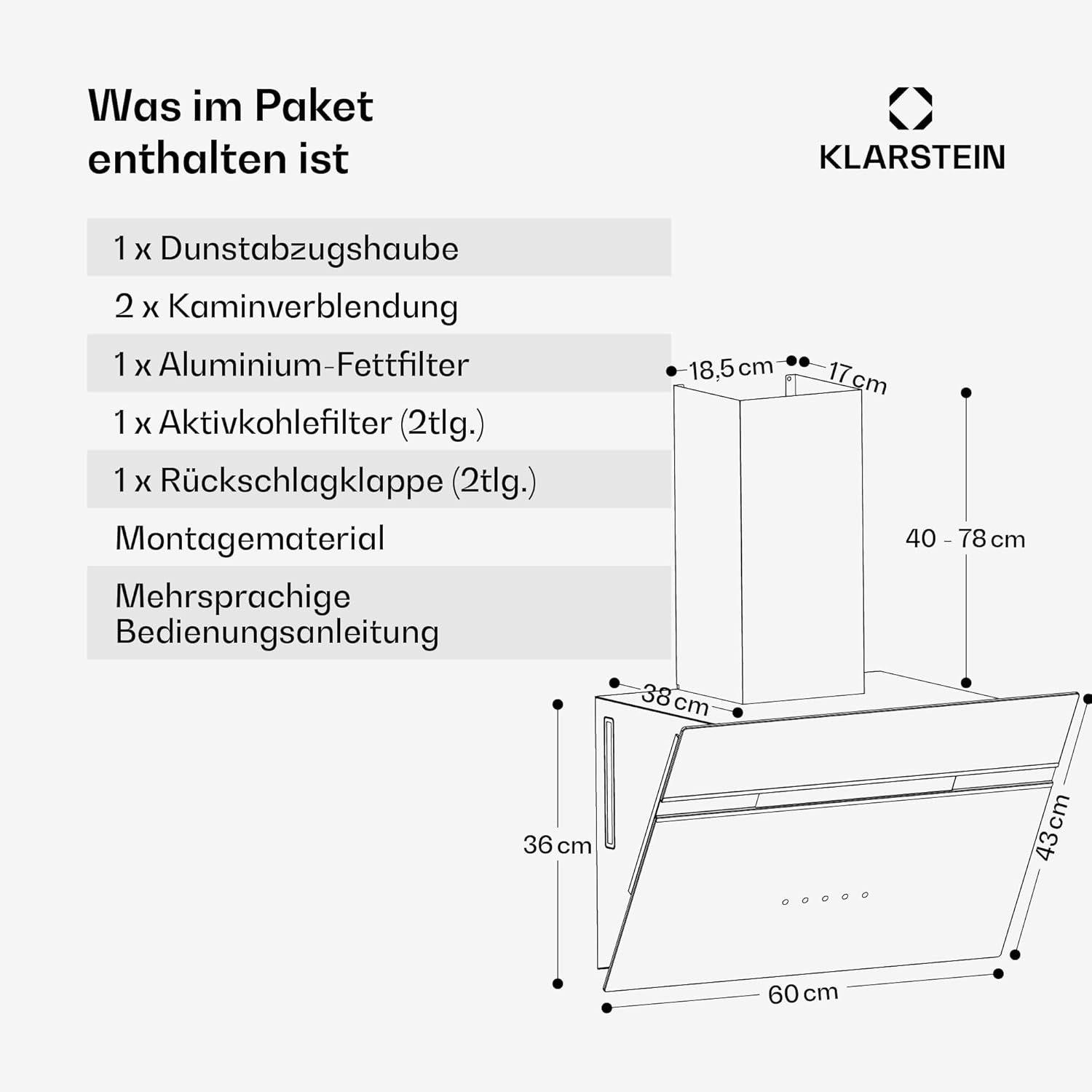 Klarstein Alina Dunstabzugshaube - 60cm Kopffreihaube, 520 m³/h Luftstrom, A++ Energieeffizienz, LED-Beleuchtung, Touch Control, Umluft & Abluft, Weiß