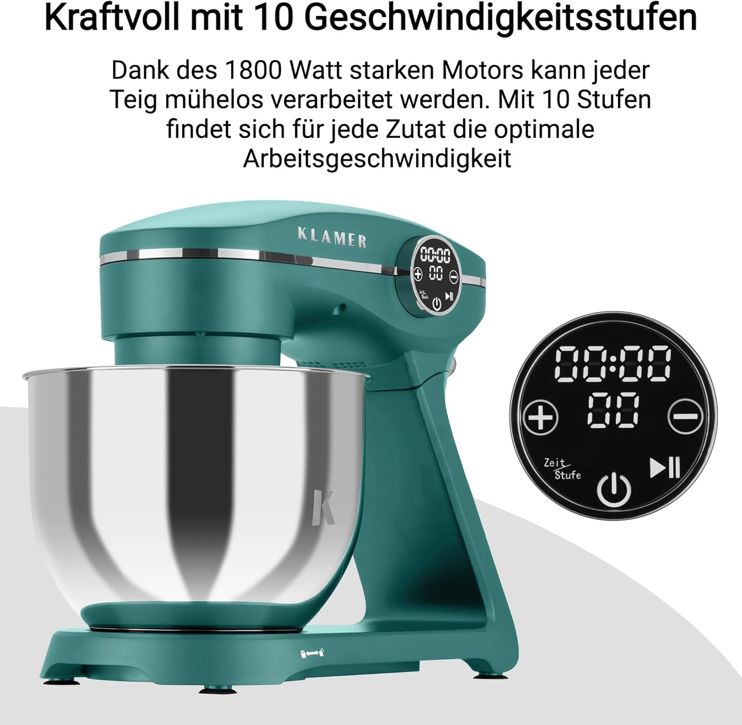 KLAMER Küchenmaschine 1800W, Knetmaschine Brotteig mit Edelstahl-Rührschüssel 6 L, 10 Stufen mit Timer, Planetenrührwerk, Rührbesen, Knethaken, Schneebesen & Sichtdeckel (türkis)