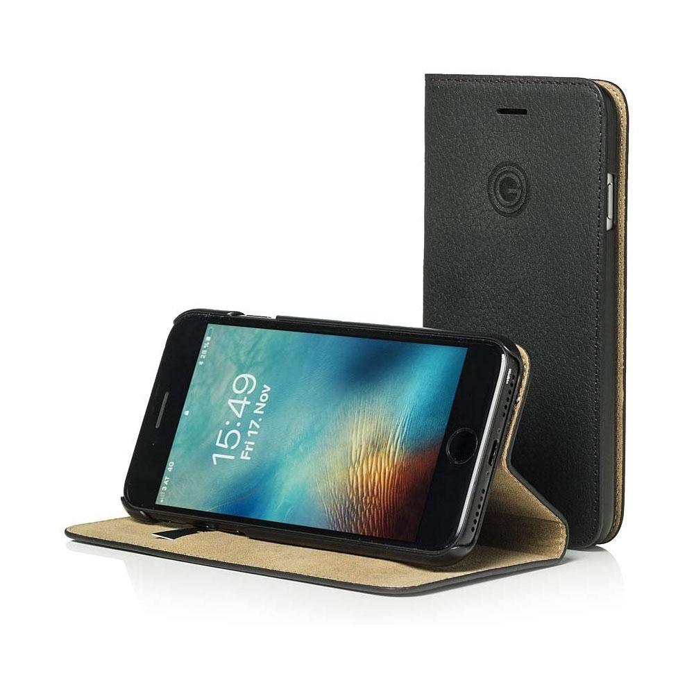 iPhone SE (2022/2020) / 8 / 7 / 6S Echtleder Book Case Tasche Flip Cover Hand Made (MARCIPSE2-M01) - Schwarz