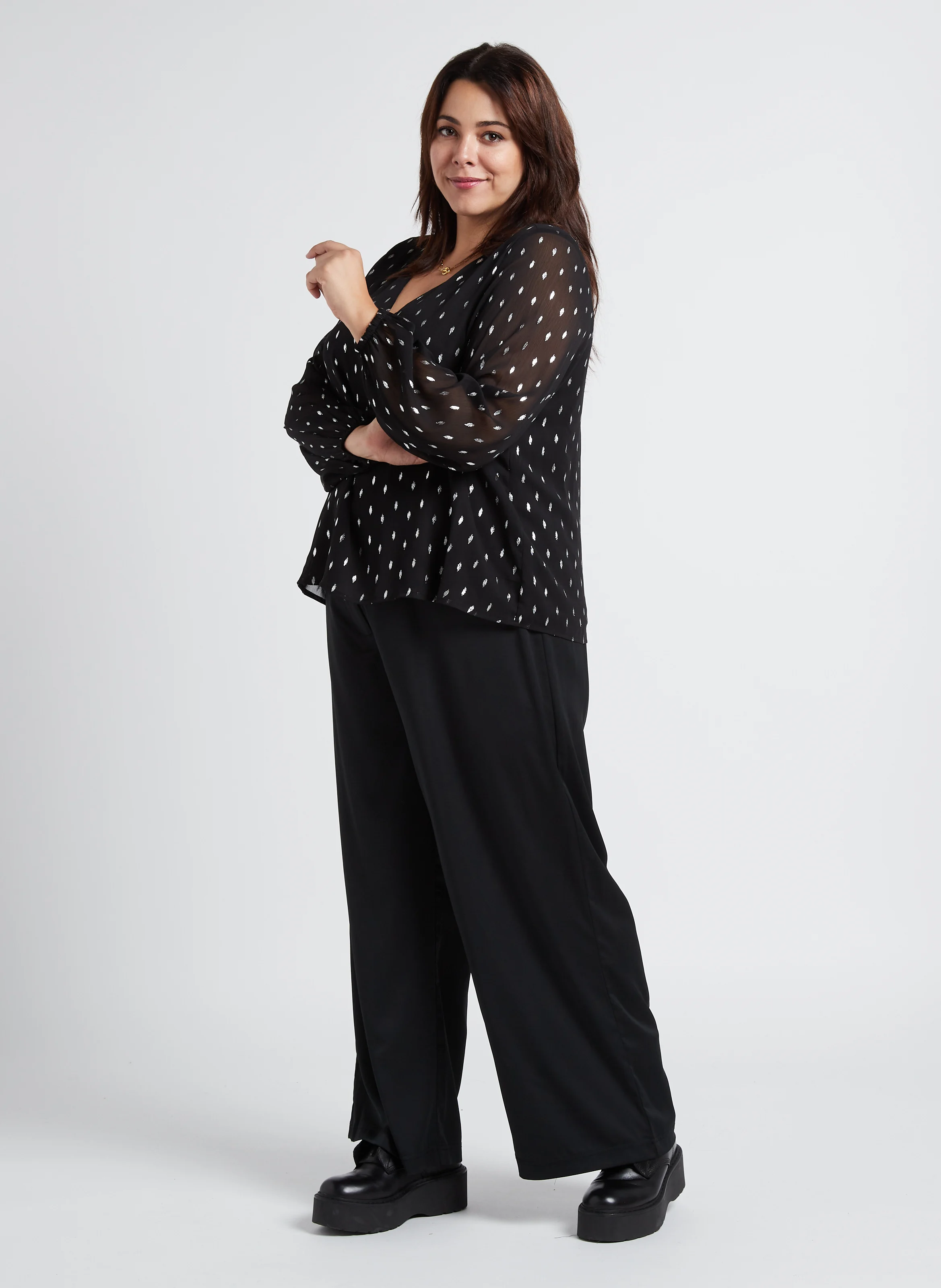 MINJA - Blouse col V imprimée pois | Noir