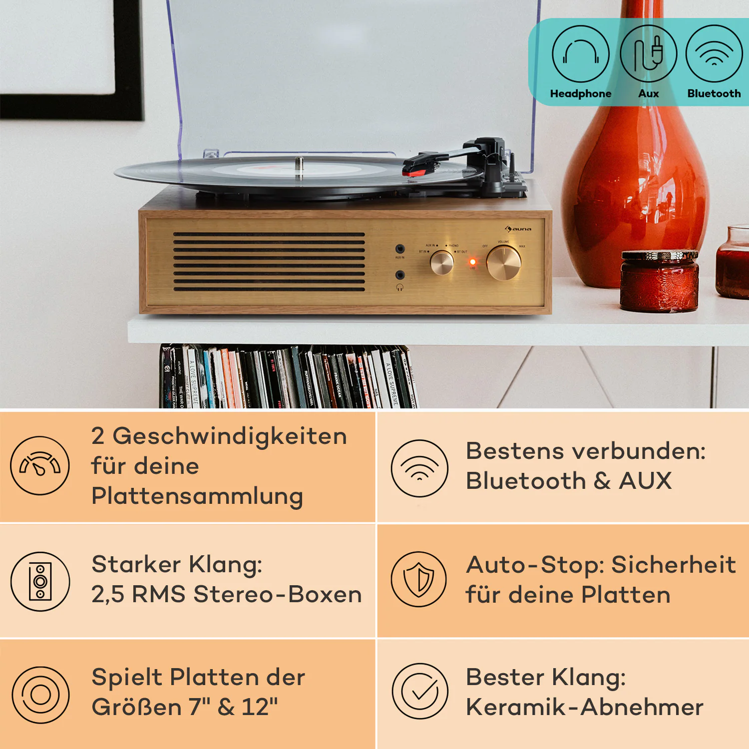 Berklee TT Classic Plattenspieler Riemenantrieb 33,3 & 45 U/min Stereo Braun