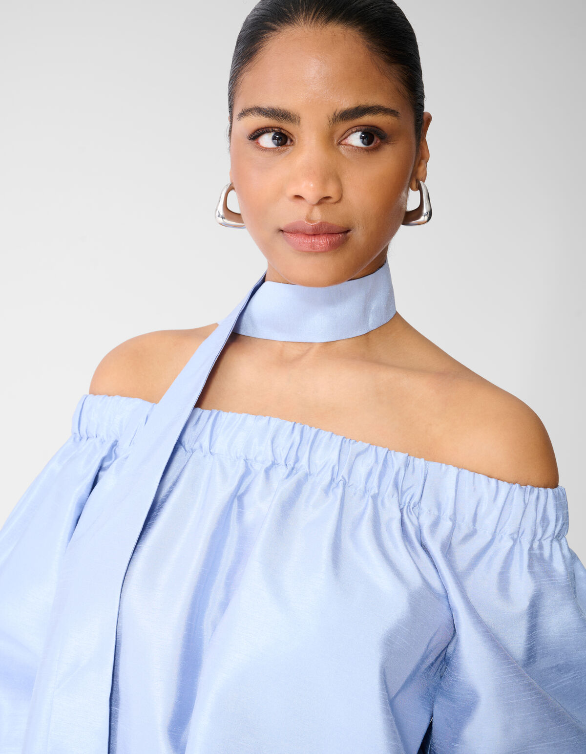 Shiny Off Shoulder Mini Jurk Lichtblauw