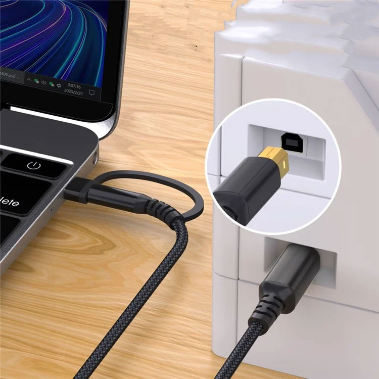 (1m) 2in1 USB 2.0 / USB-C auf USB-B Nylon Verbindungskabel für Drucker / Laptop / PC - Schwarz