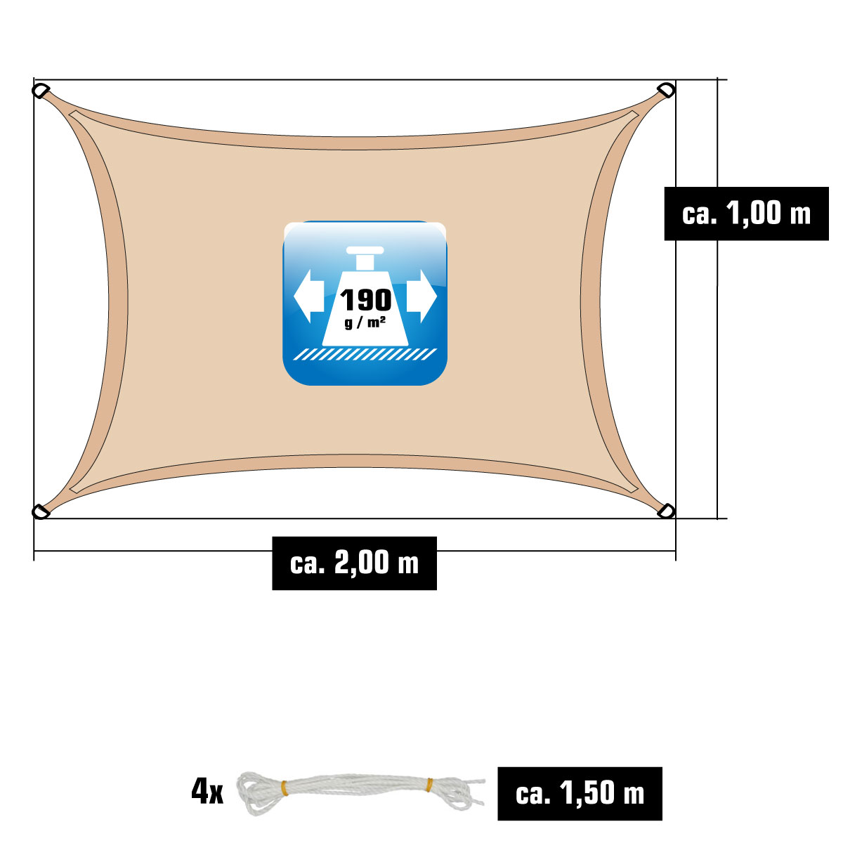 AMANKA 1x2m beige Polyester waterdicht schaduwdoek