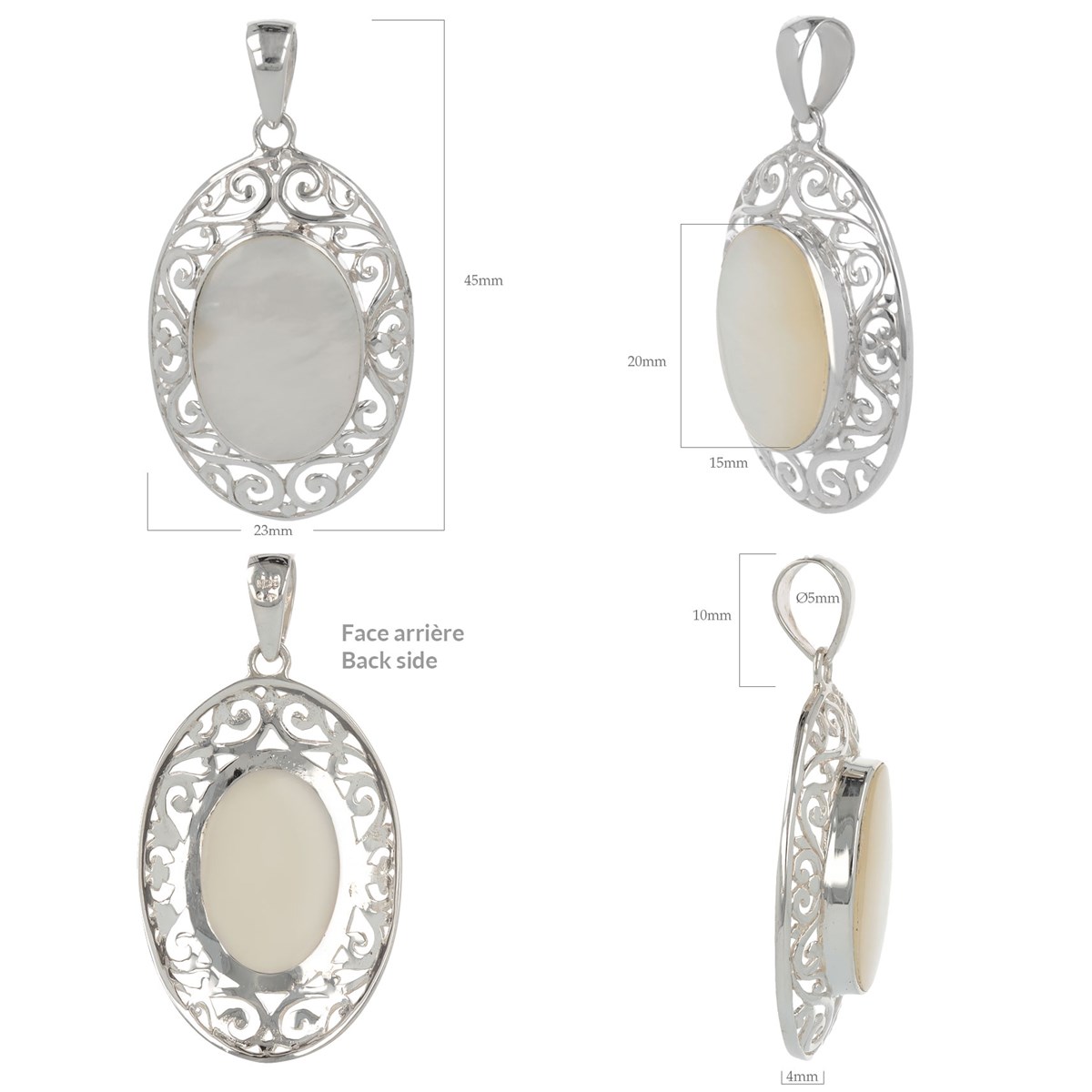 Pendentif Élégant en Nacre Blanche Ovale - Monture Argent Massif | Aden Boutique