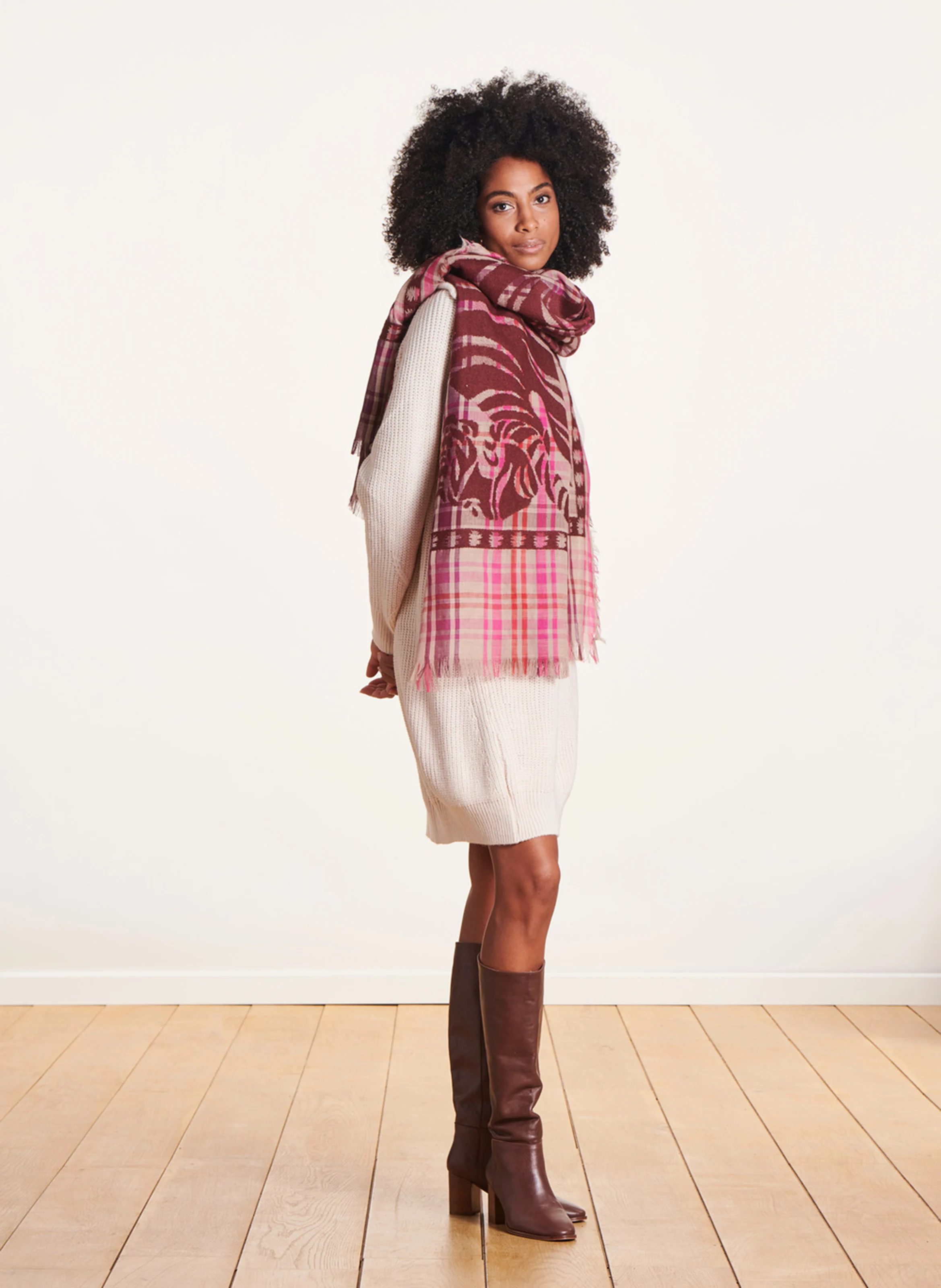 Foulard à carreaux en lain et en coton mélangés | Rose