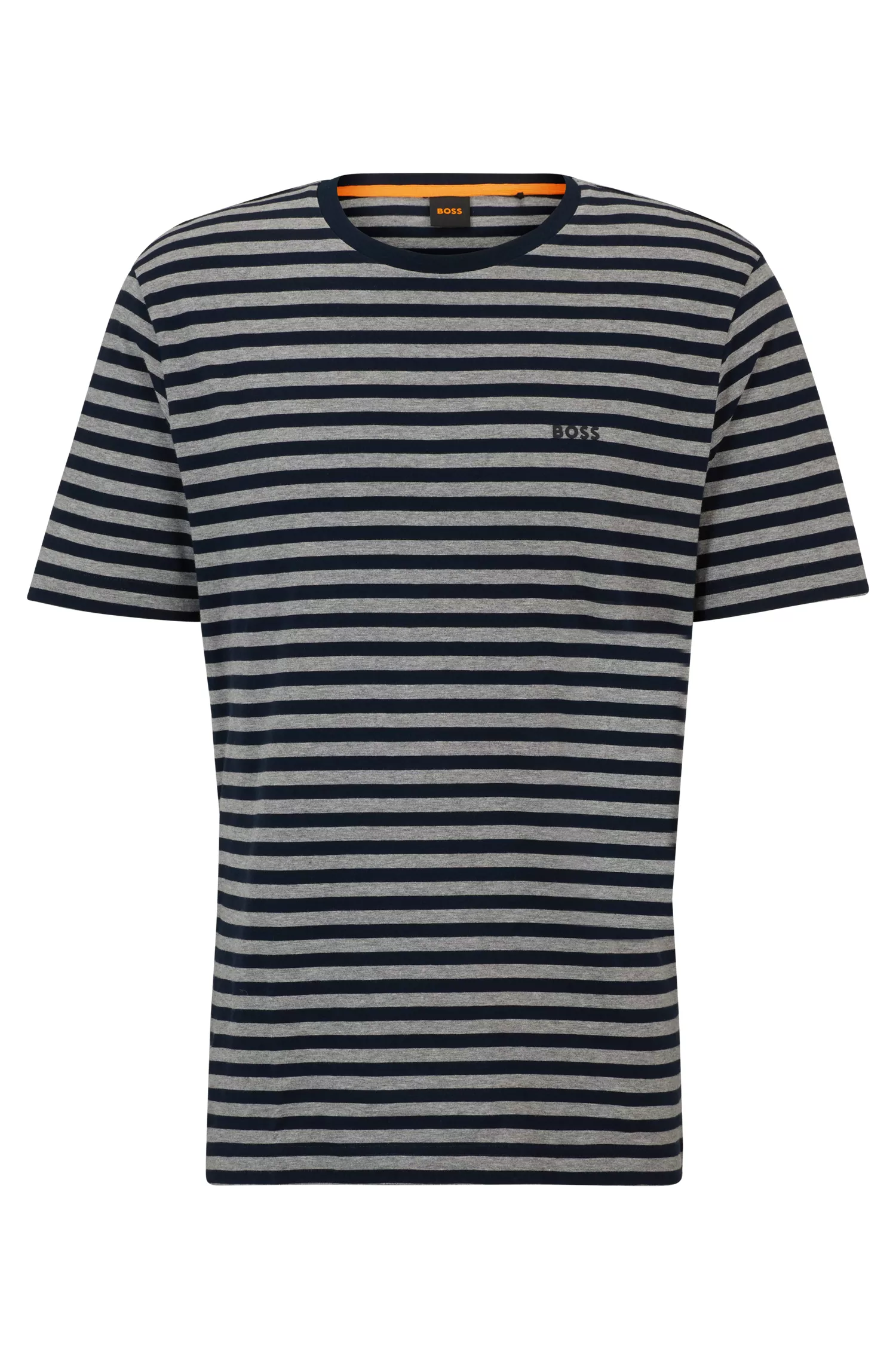 Camiseta BOSS laranja, modelagem relaxada, em puro algodão com listras horizontais.